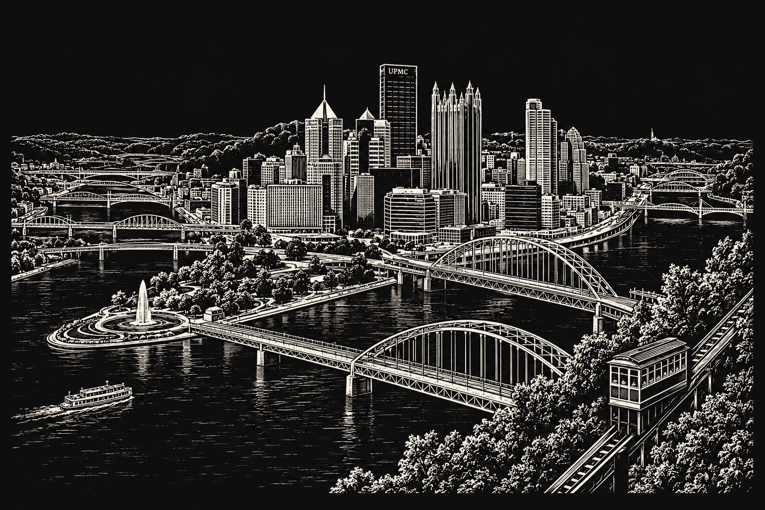 Old-timey scratchboard-style sketch of downtown Pittsburgh in white ink on black, with the Point State Park fountain, the rivers and bridges, and the Duquesne Incline climbing Mount Washington
